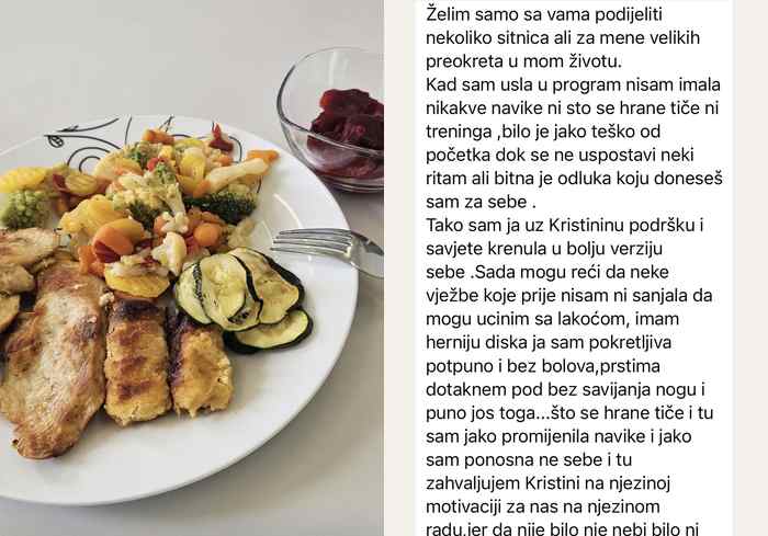 Lijevo: obrok klijentice s posla; desno: njezina poruka o promjeni nakon suradnje